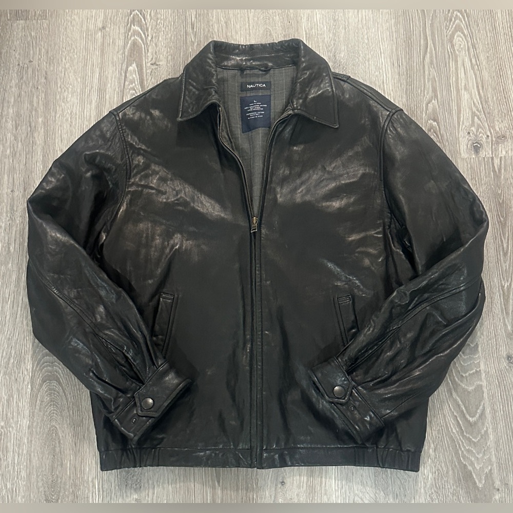 Vintage Nautica Black Leather Coat (L) Large **See Description**